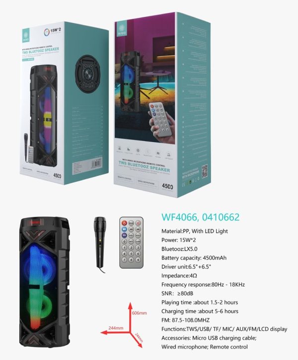 Altavoz con micrófono karaoke y mando IKREA WF4066 4500mAh 244*244*606mm negro - Altavoces grandes
