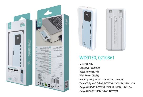 Batería portátil con display y cable Type-C/Lightning 37Wh, 10000mAh Negro - Batería portátil