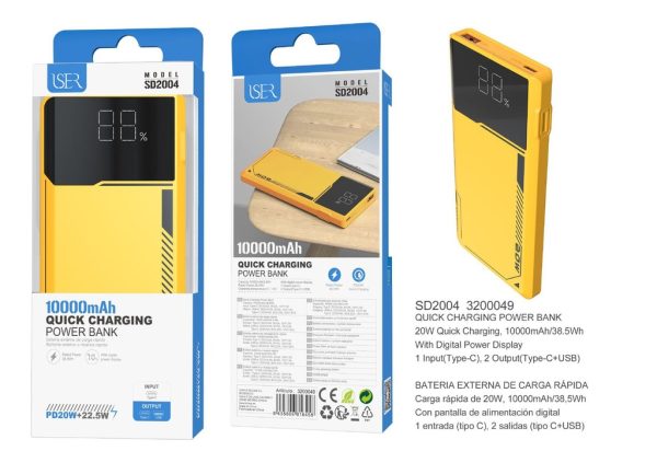 Batería portátil con pantalla digital PD + USB 10000mAh amarillo - Batería portátil