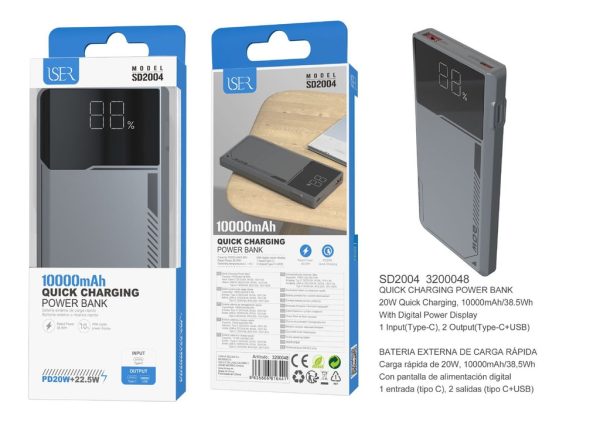 Batería portátil con pantalla digital PD + USB 10000mAh gris - Batería portátil