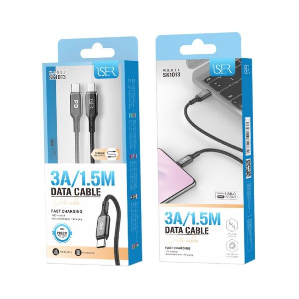 Cable de tela tipo C a tipo C 1.5m 3A Negra