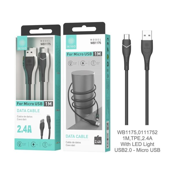Cable micro USB 1m 2.4A Negro con luz LED
