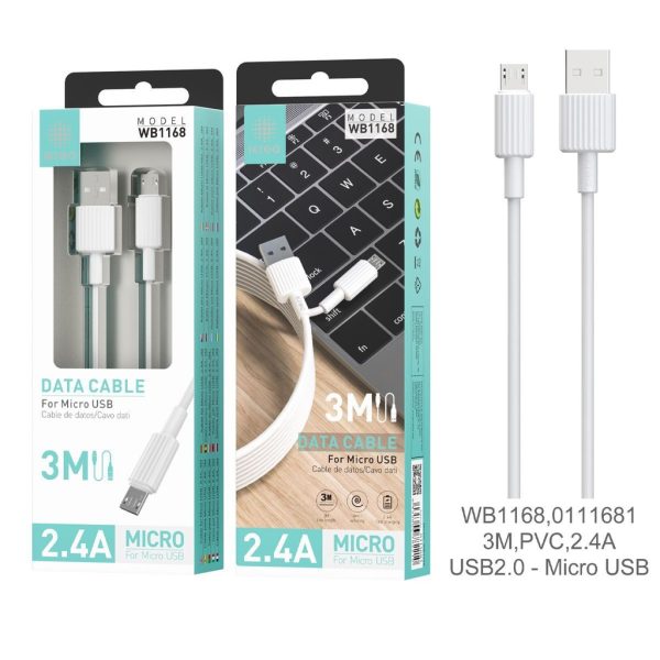 Cable micro USB 3m 2.4A Blanco