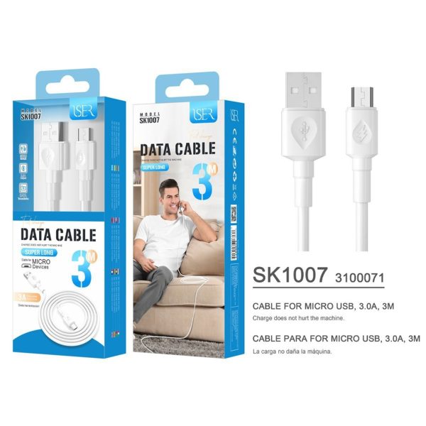 Cable micro USB 3m 3.0A Blanco