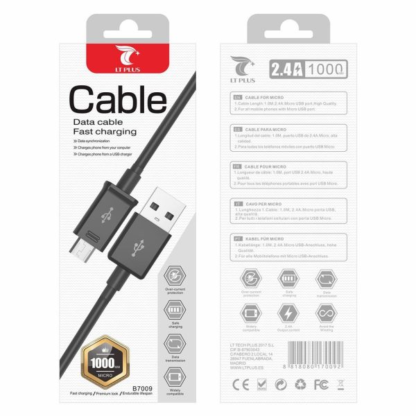 Cable micro USB V8 2.4A 1m negro - Carga y sincronización de datos