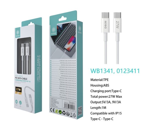 Cable tipo C a tipo C 27W 1m Blanco para serie iPhone 15