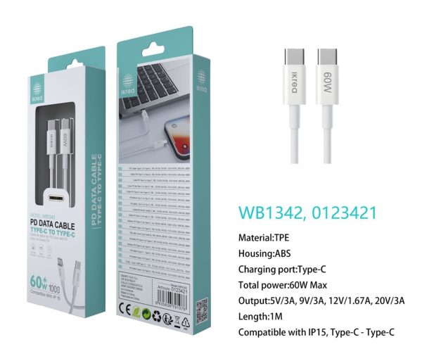 Cable tipo C a tipo C 60W 1m Blanco para serie iPhone 15