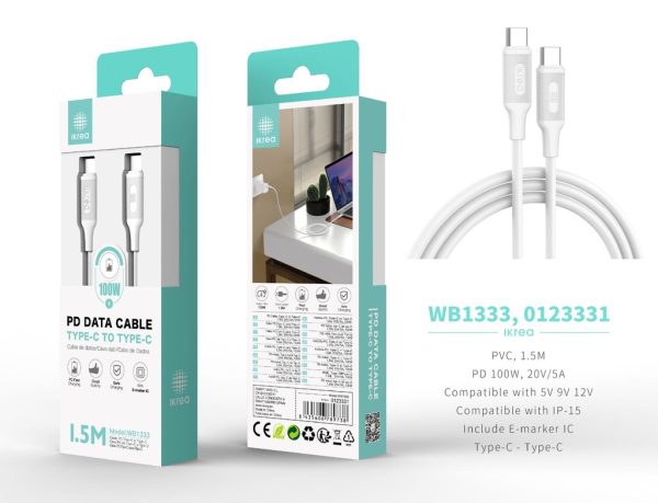 Cable tipo C a tipo C para serie iPhone 15 100W 1.5m Blanco