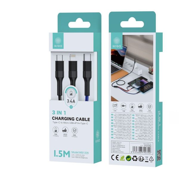 Cable trenzado 3 en 1 tipo C a micro USB/lightning/tipo C 1.5 m 3.4A negro - Cables de datos