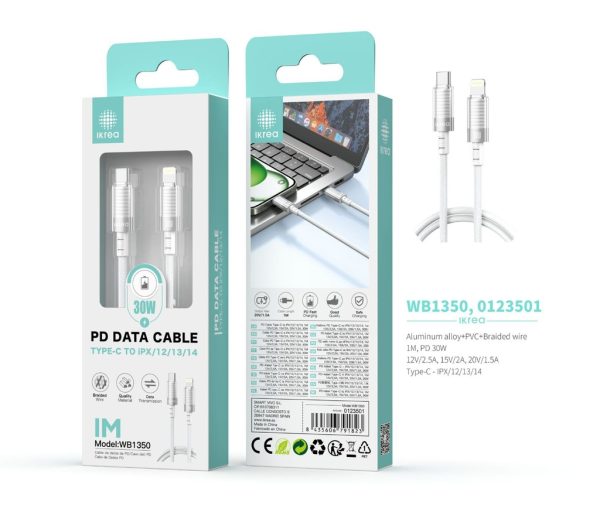 Cable trenzado de datos tipo C a Lightning 1m 30W blanco