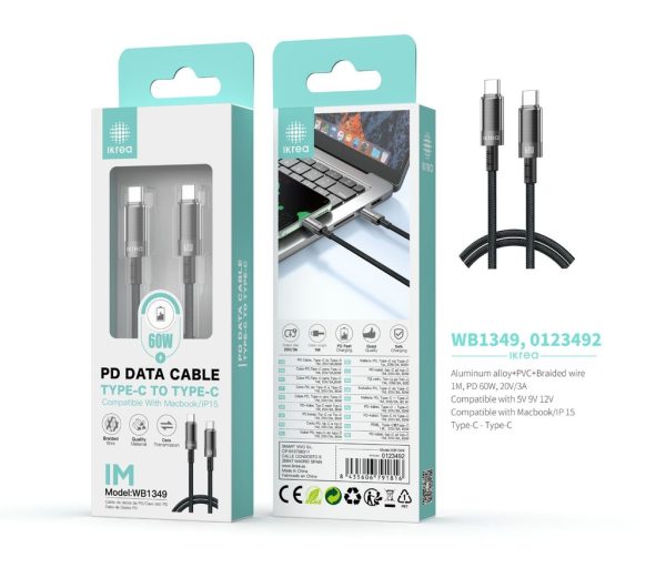 Cable trenzado de datos tipo C a tipo C 1m 60W negro