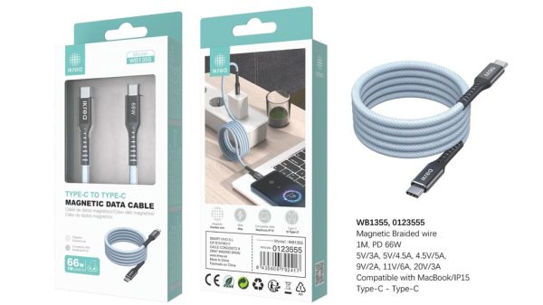Cable trenzado magnético tipo C a tipo C 1m 66W Azul - Carga rápida