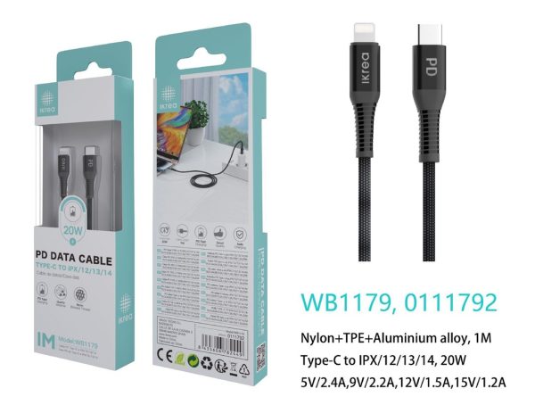 Cable trenzado nylon tipo C a Lightning 1m 60W Negro - Carga rápida