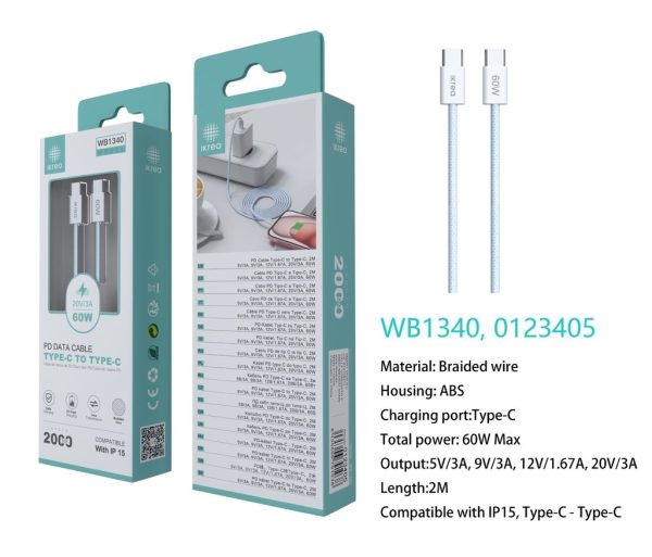 Cable trenzado tipo C a tipo C para serie iPhone 15 60W 2m Azul