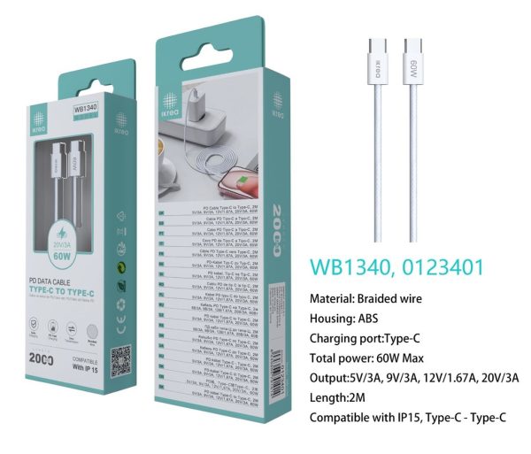 Cable trenzado tipo C a tipo C para serie iPhone 15 60W 2m Blanco