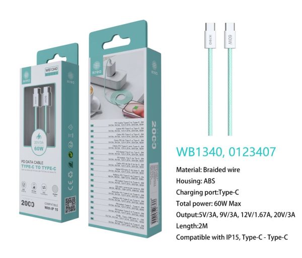 Cable trenzado tipo C a tipo C para serie iPhone 15 60W 2m Verde