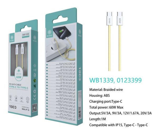 Cable trenzado tipo C a tipo C para serie iPhone 15 60W 3A 1m Amarillo