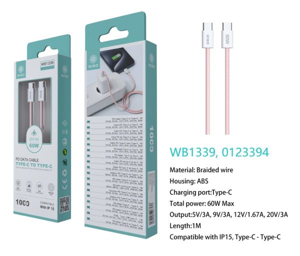 Cable trenzado tipo C a tipo C para serie iPhone 15 60W 3A 1m Rosa