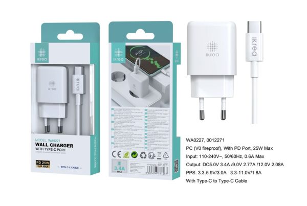 Cargador PC con puerto Type-C y cable Type-C a Type-C 3.4A 25W Blanco - Cargador de hogar