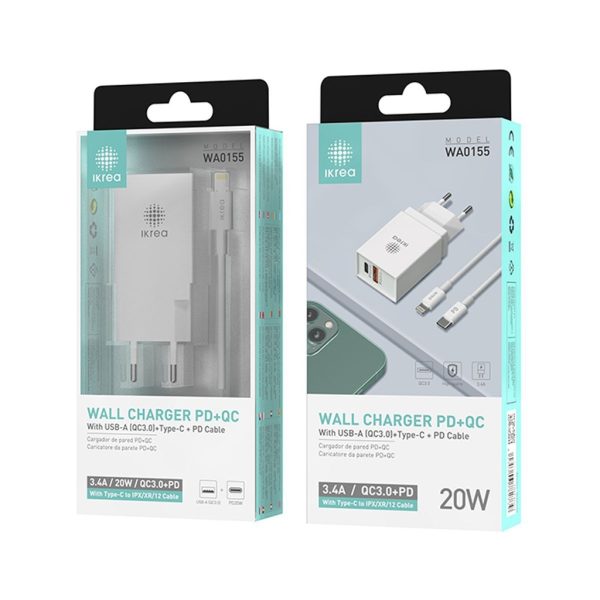 Cargador PD + QC, 2 puertos con cable Type-C a Lightning 20W 3.4A Blanco - Cargador de hogar