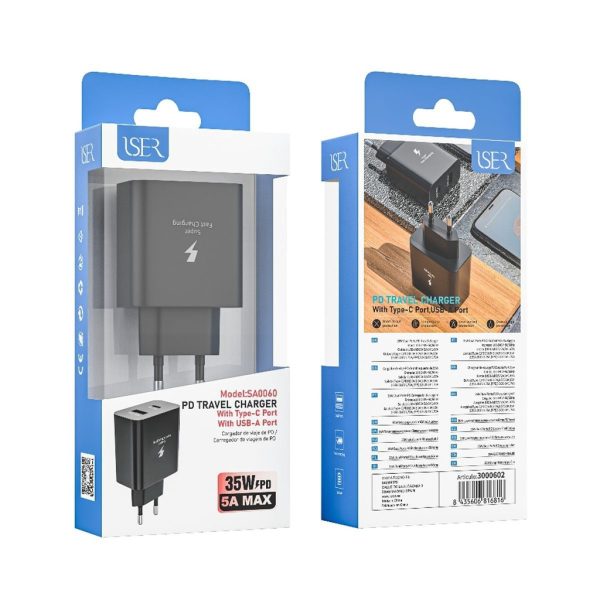 Cargador PD con 2 puertos USB-A / Type-C 35W 5A MAX Negro - Cargador de hogar