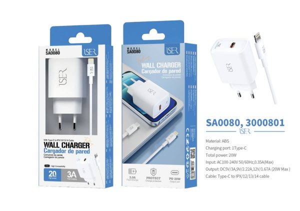 Cargador PD con cable Type-C a Lightning 20W 3A Blanco - Cargador de hogar