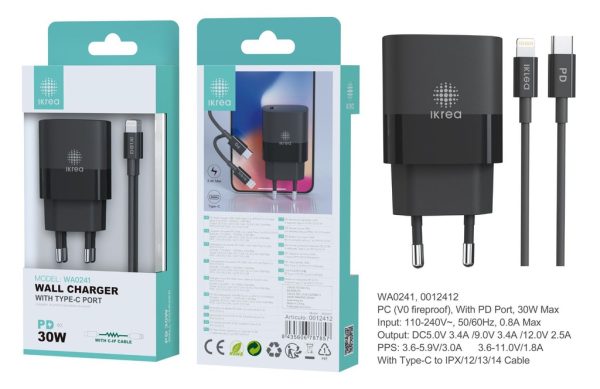 Cargador PD con cable Type-C a Lightning 30W Blanco - Cargador de hogar