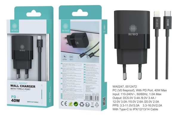 Cargador PD con cable Type-C a Lightning 40W Negro - Cargador de hogar