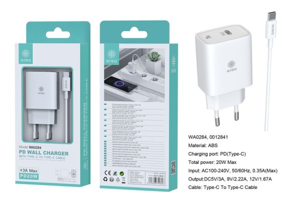 Cargador PD con cable Type-C a Type-C 20W 3A Blanco - Cargador de hogar