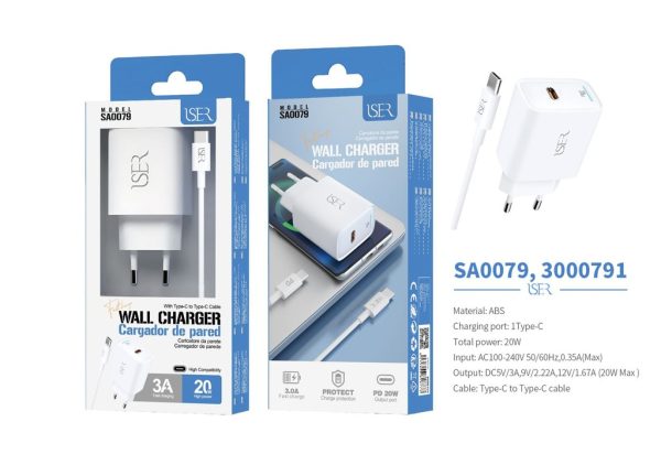 Cargador PD con cable Type-C a Type-C 20W 3A Blanco - Cargador de hogar - Imagen 2