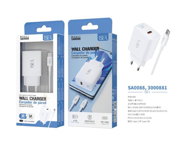 Cargador PD con cable Type-C a Type-C 36W 3A Blanco - Cargador de hogar