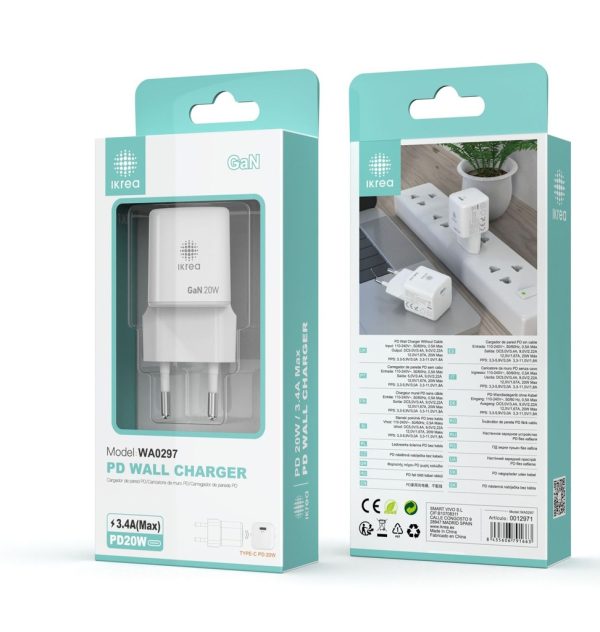 Cargador PD puerto Type-C 20W 3.4A MAX Blanco - Cargador de hogar