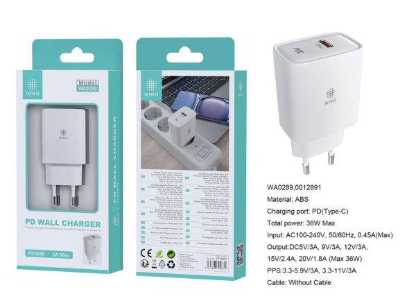 Cargador PD puerto Type-C sin cable 36W 3A Blanco - Cargador de hogar