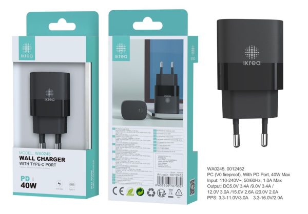 Cargador PD sin cable con puerto Type-C 40W Negro - Cargador de hogar