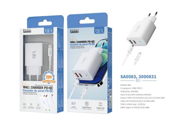 Cargador PD+QC con 2 puertos USB-A / Type-C + cable Type-C a Lightning 20W 3A Blanco - Cargador de hogar