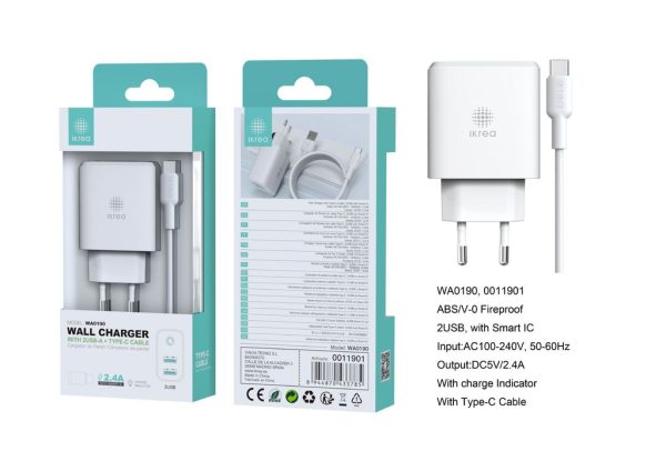 Cargador Smart IC con cable Type-C, 2 puertos 2.4A Blanco - Cargador de hogar
