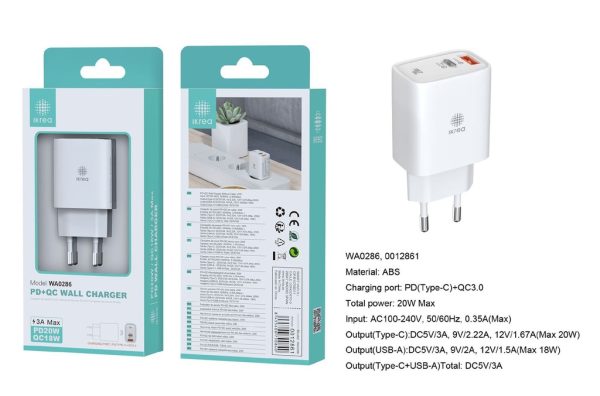 Cargador con 2 puertos USB-A / Type-C PD 20W / QC 3.0 18W Blanco - Cargador de hogar
