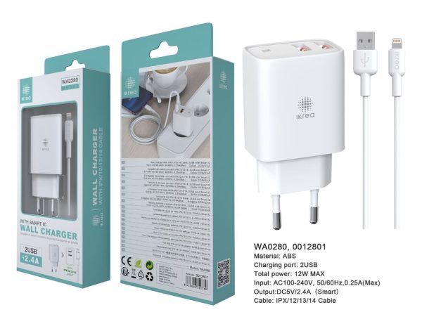 Cargador con Smart IC y cable Lightning 2 puertos USB-A 2.4A Blanco - Cargador de hogar