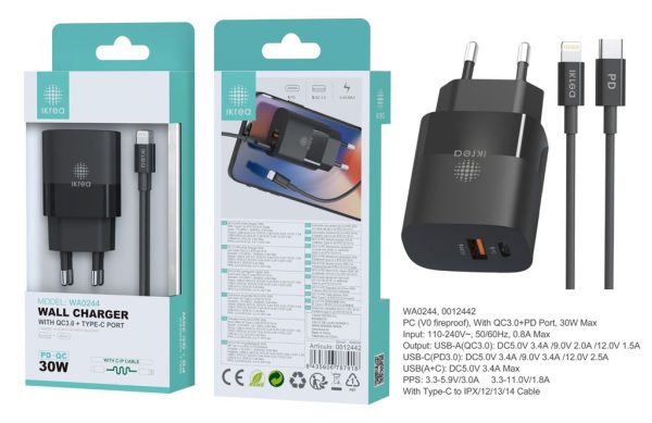 Cargador con cable Type-C a Lightning, 2 puertos PD + QC3.0 30W Negro - Cargador de hogar