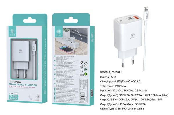 Cargador con cable Type-C a Lightning, 2 puertos USB-A / Type-C PD 20W / QC 3.0 18W Blanco - Cargador de hogar