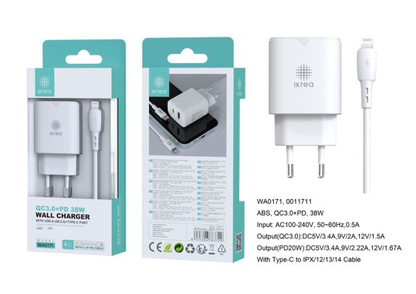 Cargador con puertos QC3.0 + PD y cable Type-C a Lightning 3.4A 38W Blanco - Cargador de hogar