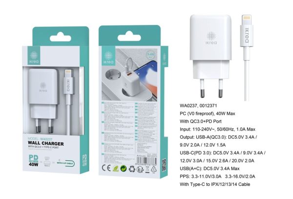Cargador con puertos QC3.0 + PD y cable Type-C a Lightning 3.4A 40W Blanco - Cargador de hogar