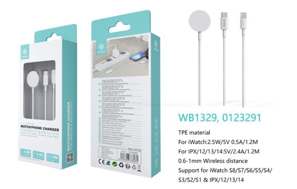 Cargador magnético 2 en 1 para móvil Lightning 2.4A y iWatch 2.5W puerto TYPE-C 1.2M blanco IKREA WB1329 - Cargadores inalámbricos