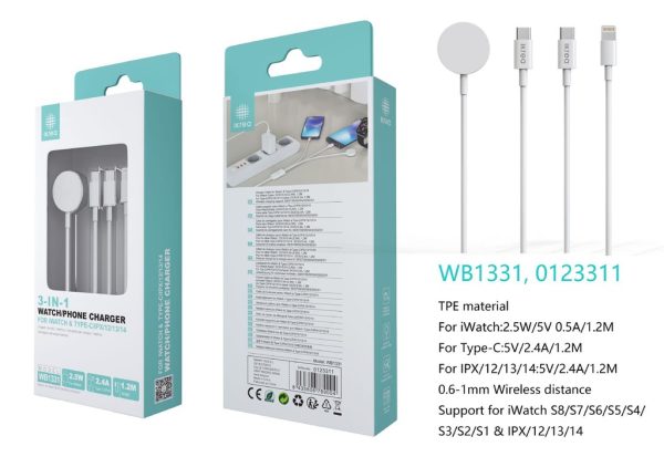 Cargador magnético 3 en 1 para móvil TYPE-C/LIGHTNING 2.4A y iWatch 2.5W puerto TYPE-C 1.2M blanco IKREA WB1331 - Cargadores inalámbricos