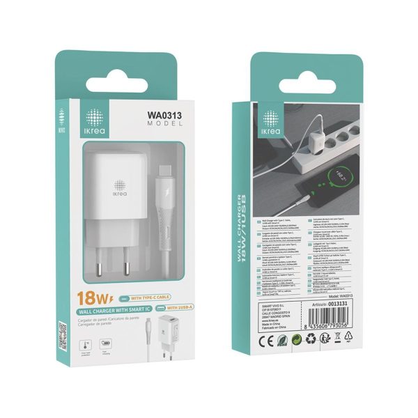 Cargador rápido con puerto USB-A y cable Type-C 18W Blanco - Cargador de hogar