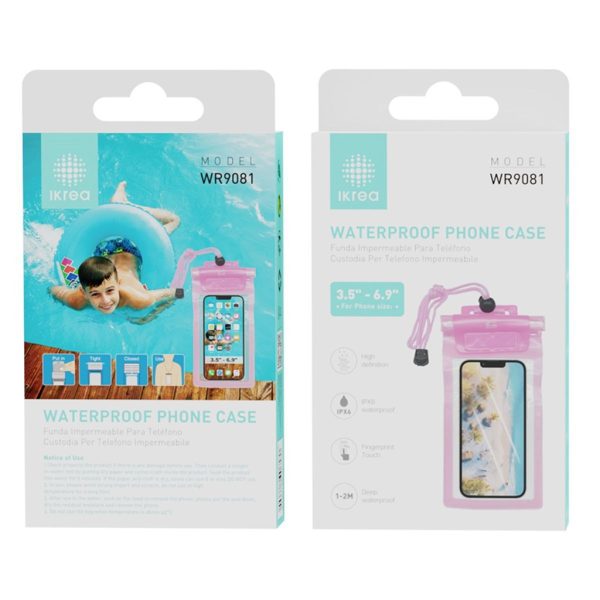 Funda PVC con correa impermeable para móvil 3.5-6.9" IPX6 rosa IKREA WR9081 - Accesorios móviles