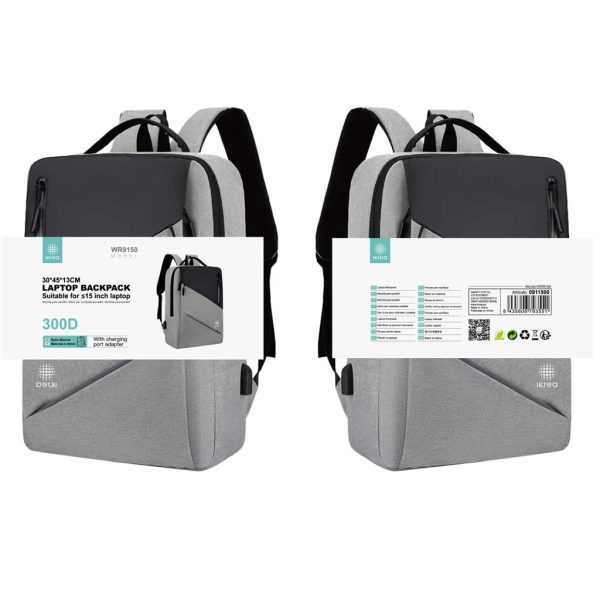 Mochila de nylon 300D para portátil hasta 15" con salida USB gris IKREA WR9150 - Mochilas y accesorios para laptops