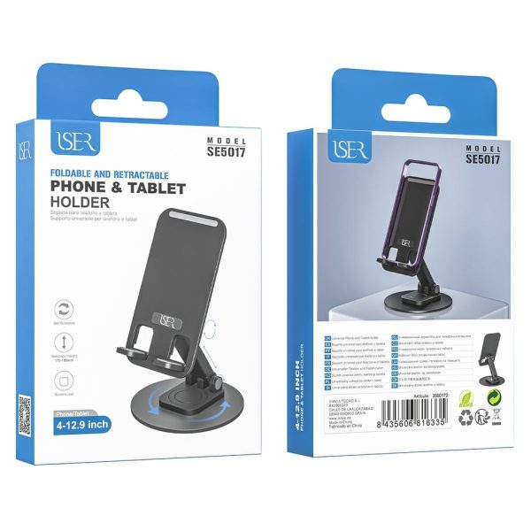 Soporte para móvil y tablet de 4 a 12.9 pulgadas plegable y retráctil color negro - Accesorio para dispositivos