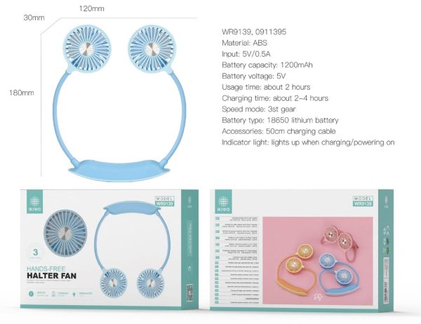 Ventilador de cuello manos libres 3 velocidades 1200mAh 180*30*120MM azul IKREA WR9139 - Ventiladores pequeños