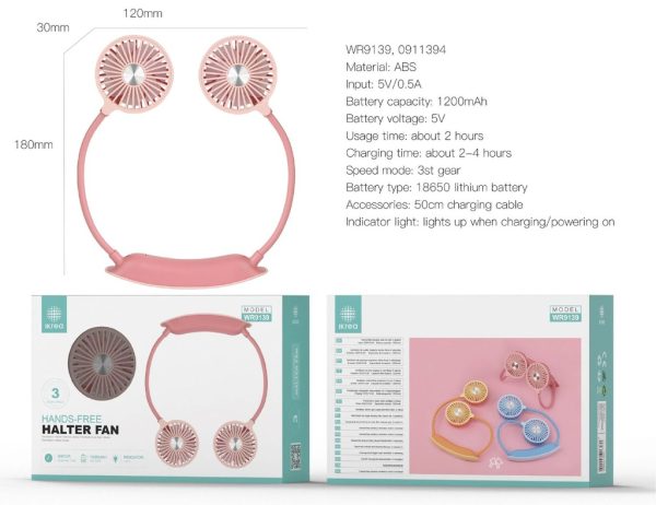 Ventilador de cuello manos libres 3 velocidades 1200mAh 180*30*120MM rosa IKREA WR9139 - Ventiladores pequeños